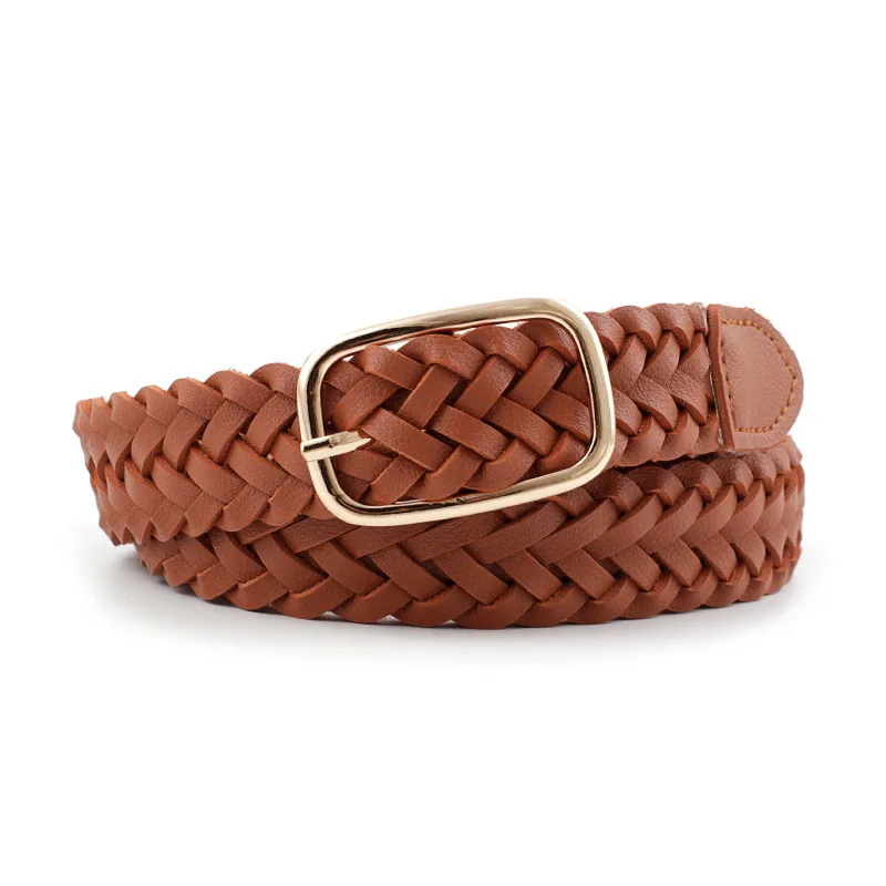 Women's PU Leather Braided Belt Golden Square Pin Buckle Belt New Fashion Causal Jeans Dress Waistband 2.3cm Thin Belt