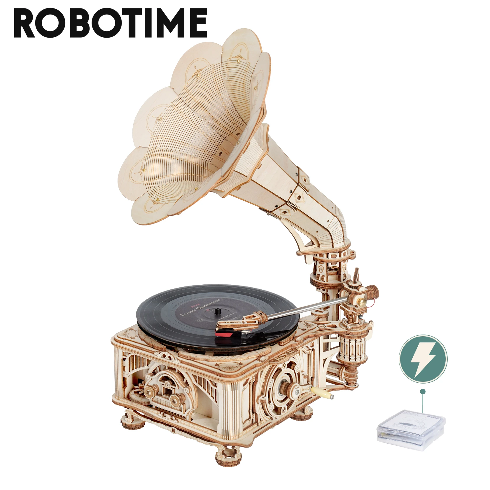Solar Powered Wooden Gramophone with Music Educational Kit 