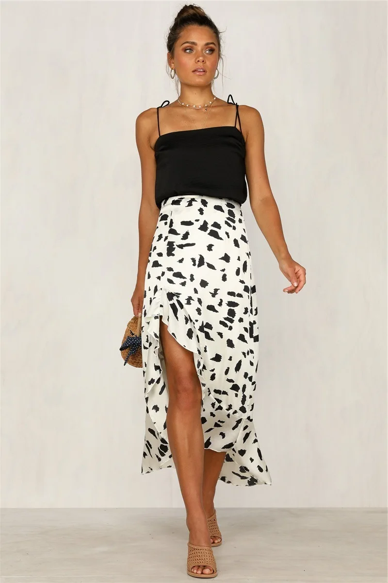 Сексуальное платье, бодикон, с рисунком, в горошек с воланами зеленое или с узором в виде листьев; женские юбки средней длины юбка