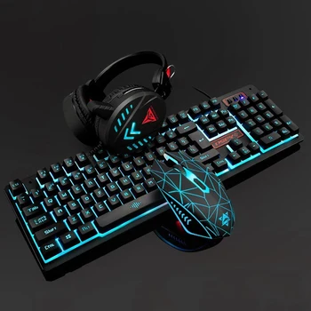 

4pcs Wired Illuminated Headset Home Gaming Mouse Waterproof Desktop Mechanical Ergonomic Pad Backlight Keyboard Set Computer USB