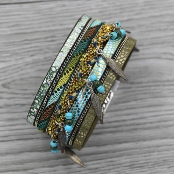 

Strathspey green leather bracelet for women 2020 ethnic wide bracelets with beads magnetic leaf pendant bangle pulsera mujer