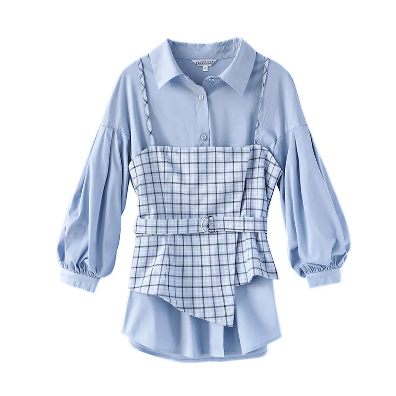 Dabuwawa Новая Осенняя Женская клетчатая рубашка модная блузка с рукавами-фонариками Топы DN1CST028 - Цвет: Небесно-голубой