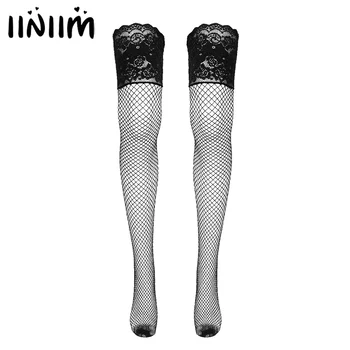 

iiniim Stretchy Sheer Fishnet Sexy Nightwear Thigh-High Stockings Tall Hosiery with Vintage Lace-up Lace Top for Women Girls