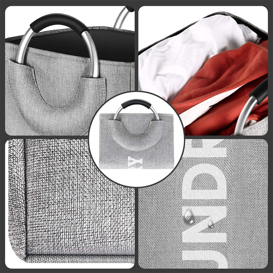 Collapsible Fabric Laundry Hamper with Ring Aluminum Handle for Easy Carry Portable Washing Bin Folding Clothes Bag 5