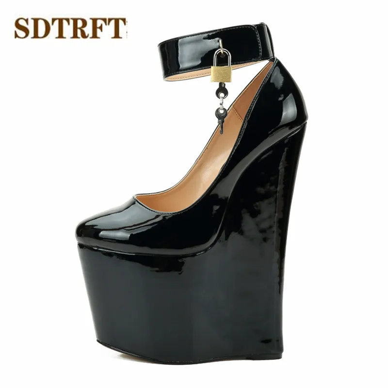 

SDTRFT Dance wedges Padlock Buckle Pumps 22cm High Heels Platform shoes woman zapatos mujer T Taiwan Crossdresser SM Stiletto