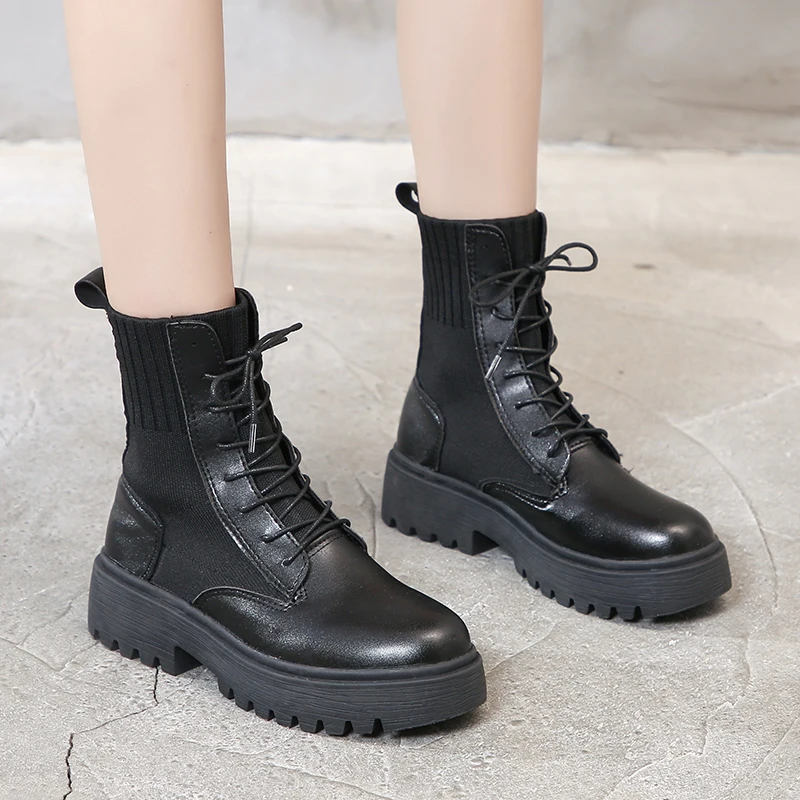 

Women's high-top Martin boots New boots with thick soles and breathable socks Round head knit upper Martin boots Lace high s
