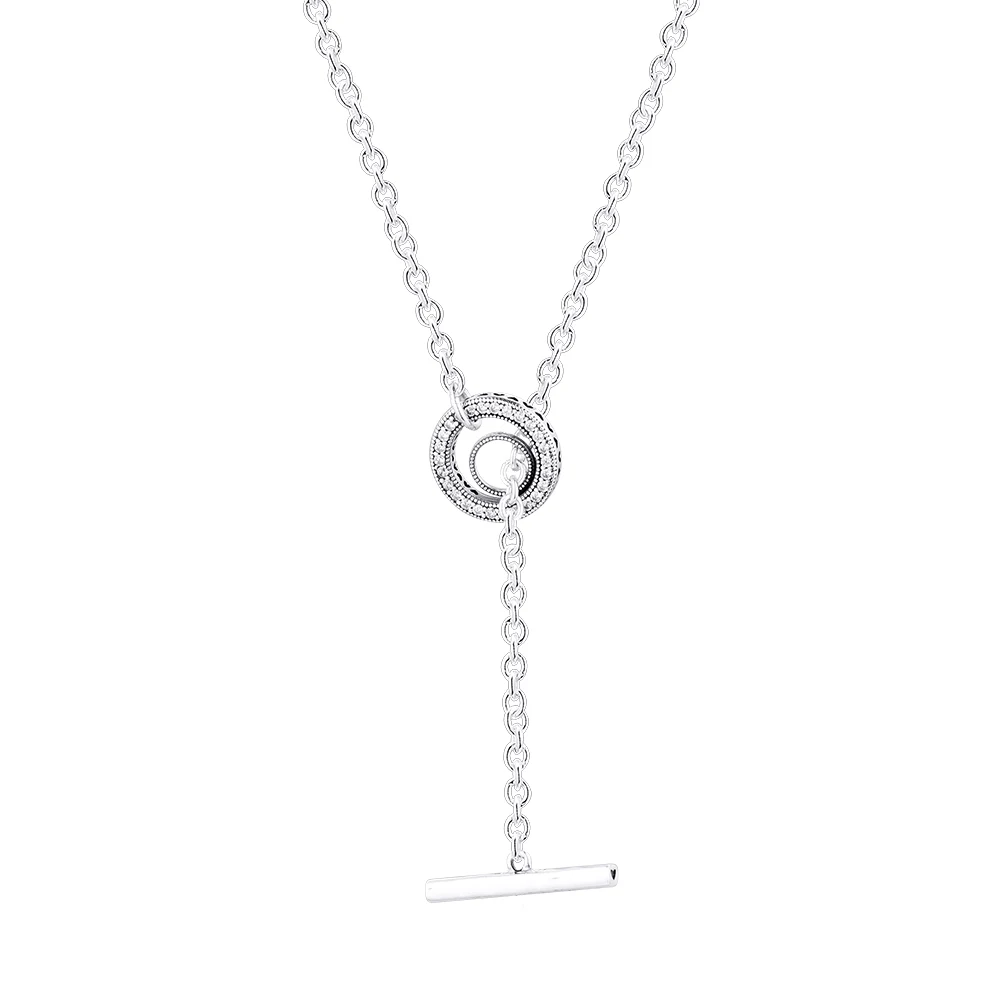 Pave Circle Logo T bar Heart Necklace 