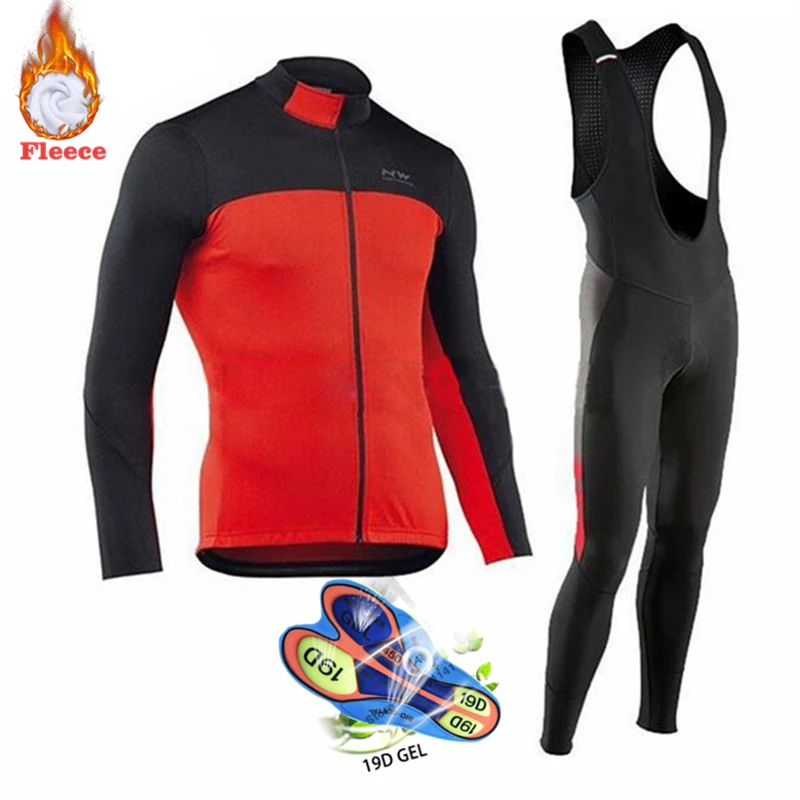 

2019 Northwave Pro Team Winter Cycling Clothing Ropa Ciclismo Hombre Long Sleeve Cycling Bib Pants Set MTB Bike Uniform 19D Pad