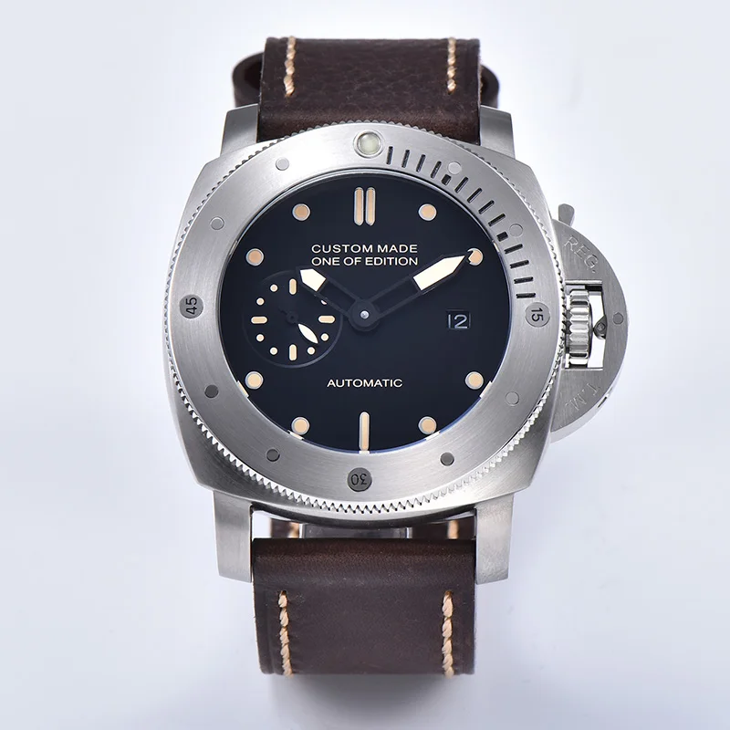 

automatic watch PVD case automatic watch black dial military leather strap power reserve a1