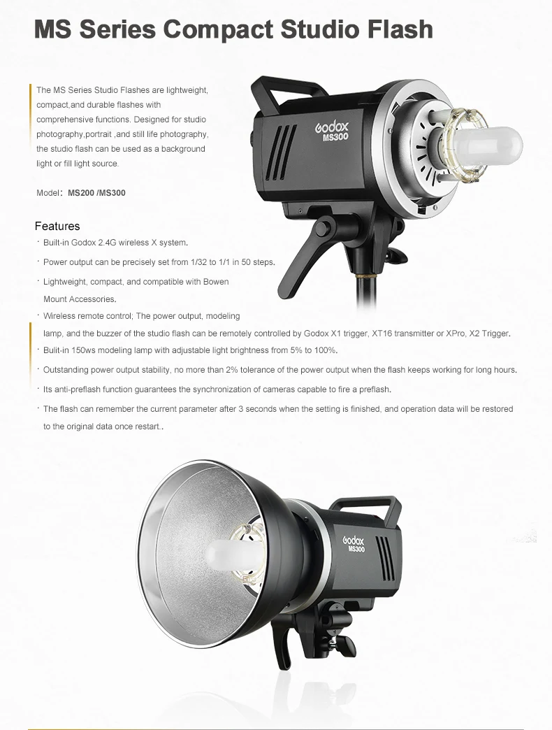 Godox MS200 200W или MS300 300W Bowens Mount Flash 2,4G встроенный беспроводной приемник легкий компактный и прочный студийная лампа