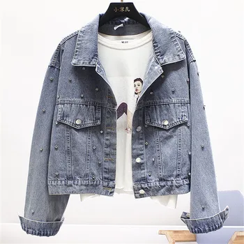 

Vintage Wash Casual Denim Jacket Women 2020 Spring New Korean Loose Diamonds Beading Jeans Jacket Ladies Basic coat Streetwear