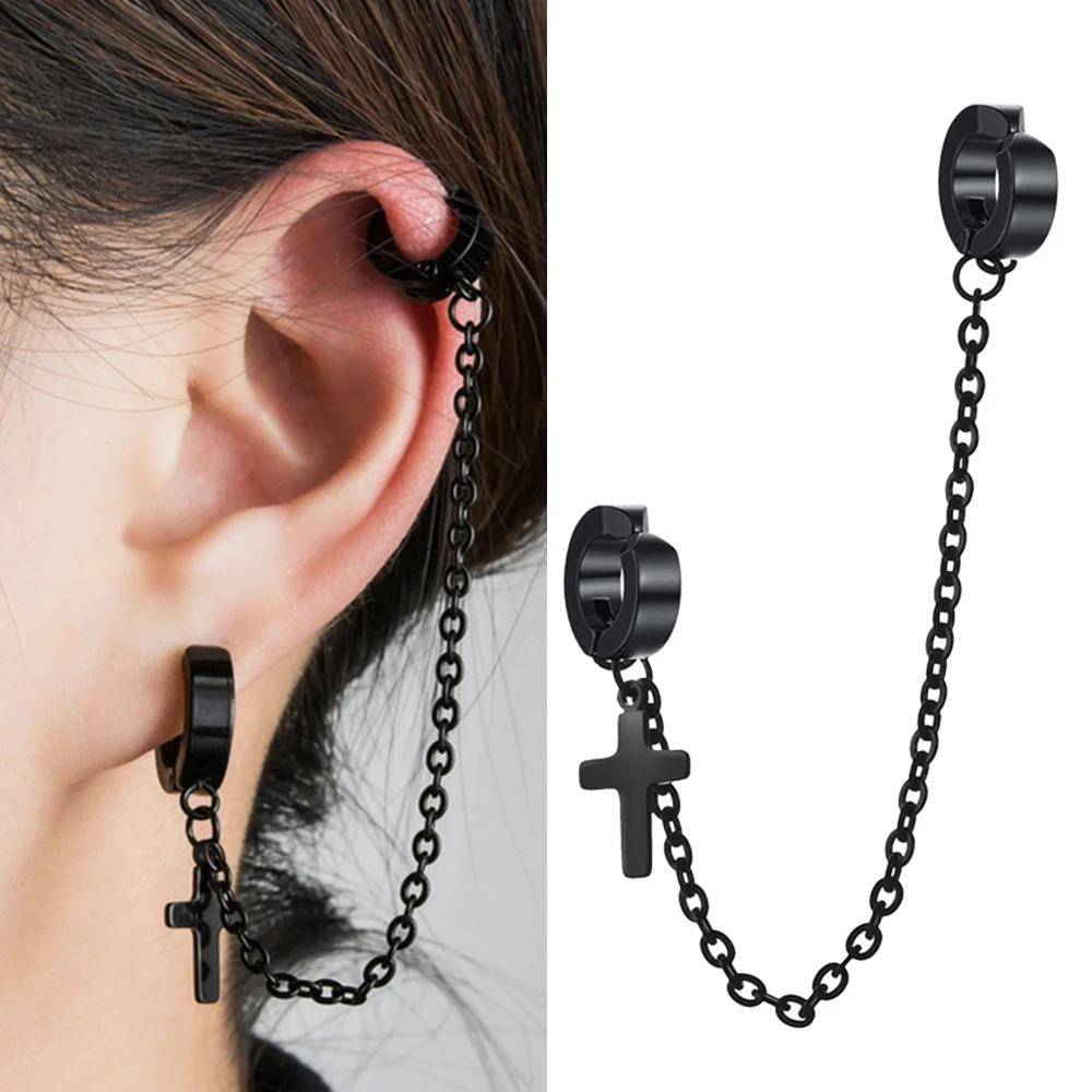 1 PC Punk Trendy Black Cross Design Two Hole Piercing Earrings for Women Brilliant Zircon Long Chain Earring Party Jewelry Gift | Украшения