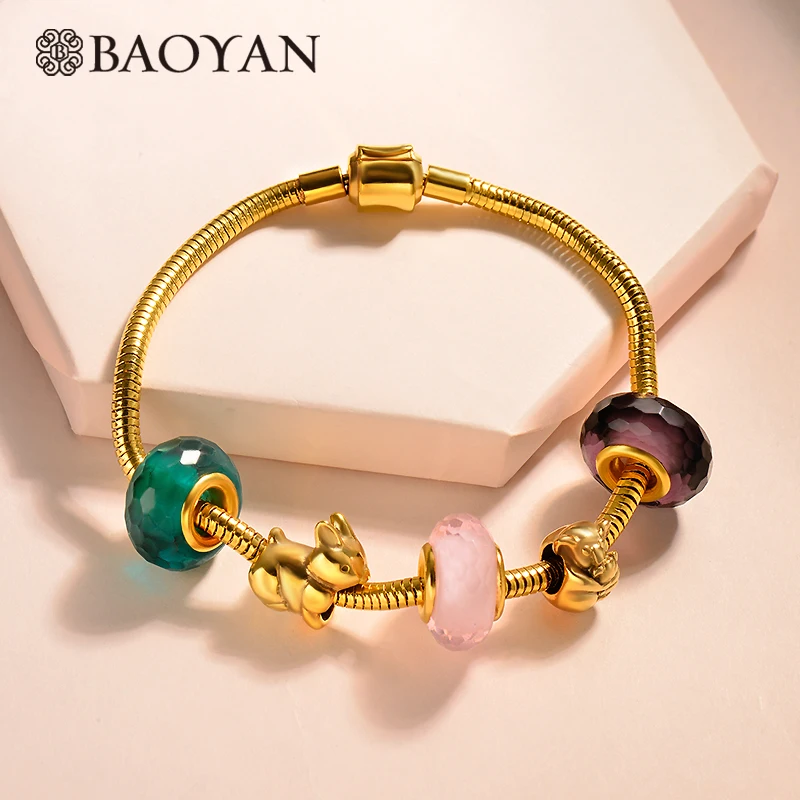 BAOYAN животное, амулет, браслет Femme модная цепочка-змейка DIY браслет с бусинами из кристаллов позолоченный браслет из нержавеющей стали для женщин - Окраска металла: SSBTG171-14864