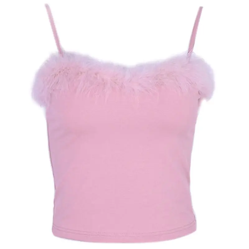 cotton camisole Womens Sexy Crop Top Spaghetti Strap Feather Fluffy Plush Trim Crop Top Bandeau Camisole Pink, White half camisole