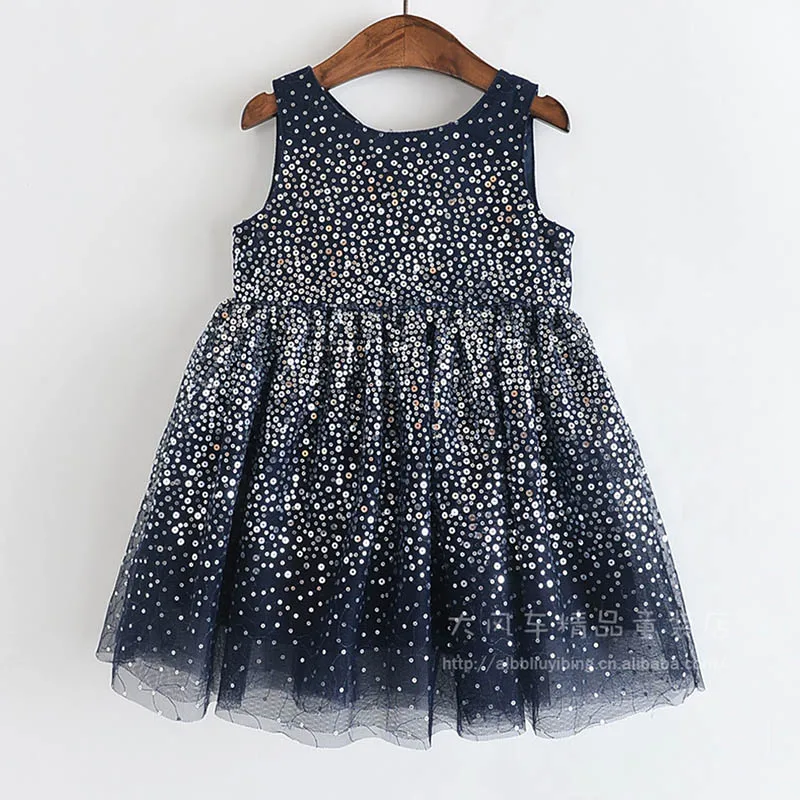 Летние платья для девочек, детская одежда, модное Сетчатое платье принцессы без рукавов с блестками, Детский костюм