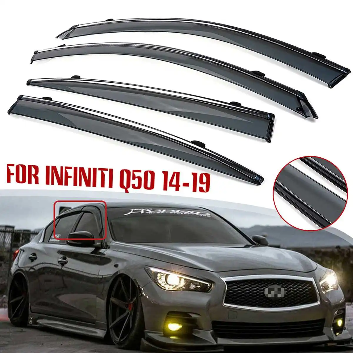 

4pcs Black PMMA Window Visor Sun Rain Deflector Vent Shades Rain Guard for Infiniti Q50 2014-2019 All Models