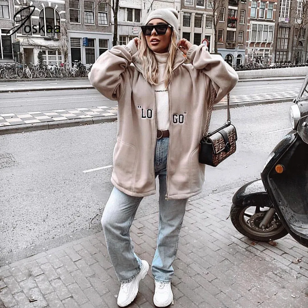 

Joskaa Oversize Jacket Women Winter Causal Letter Embroidery Warm Female Outwear Loose Zipper Sport Coat