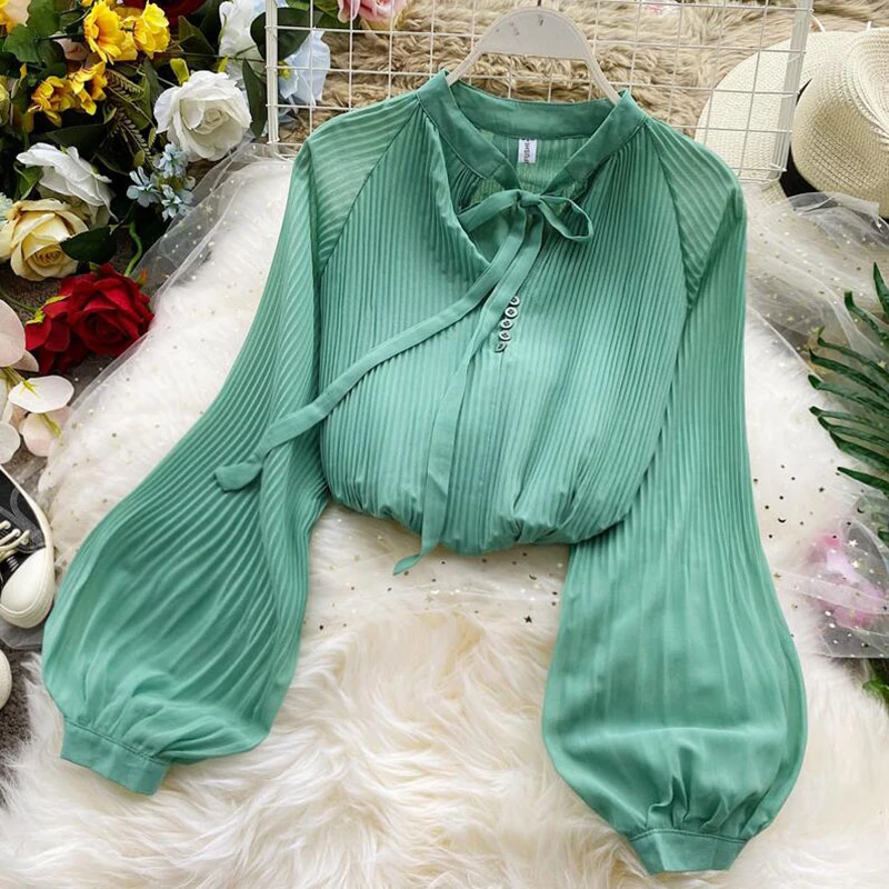 

Bow Pleated Ruffles Chiffon Shirts Blusa Vintage Lantern sleeve Women Blouse 2020 Spring Autumn New Fashion Elegant Stand Shirt