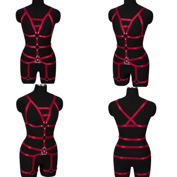 

Wine Red Full Strappy Body Harness Sexy Lingerie Set Cage Bra Fetish Chest Bondage Garter Belt Adjust Tops Dance Festival Rave