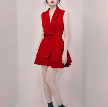 

Dress Suit Women Summer Autumn Elegant 2 Piece Sleeveless Runway Fashion Blazer Jacket Office Lady Black White Red Work Wear