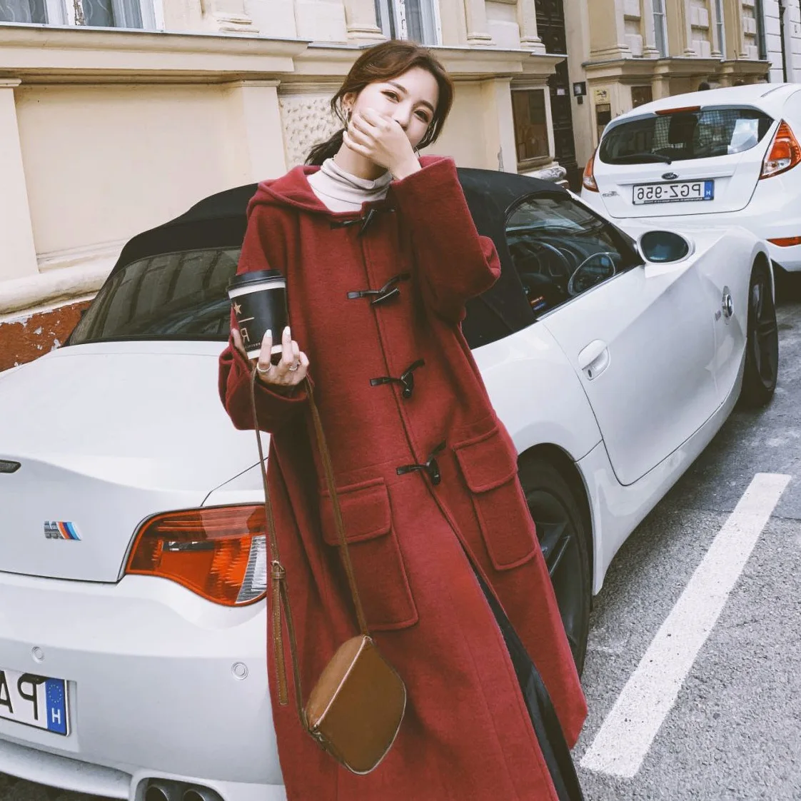

Photo Shoot CHIC Hepburn Wind Vintage Wine Loose-Fit Long Hooded Toggle Wool Woolen Cloth Coat Women's