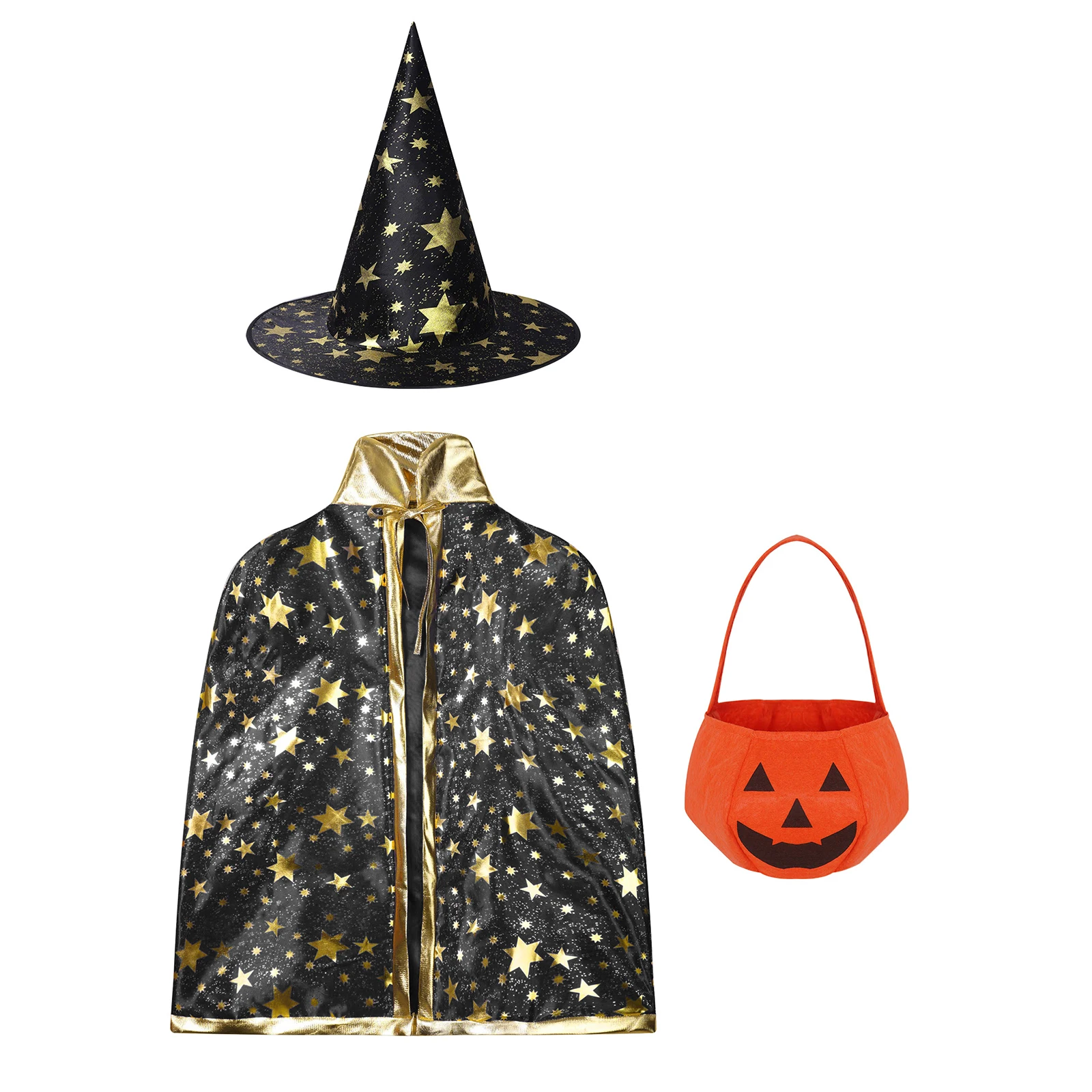 

Kids Halloween Witch Wizard Vampires Costumes Printed Cloak Cape+Pointed Hat+Pumpkin Bag Outfit Fancy Theme Party Cosplay Props