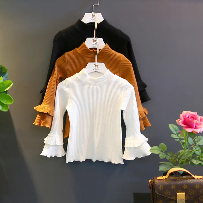 

Knitted Girls Tops Clothes 2019 New Spring Autumn Turtleneck Sweaters for Girls Flare Sleeve Sweet Toddler Children Sweater