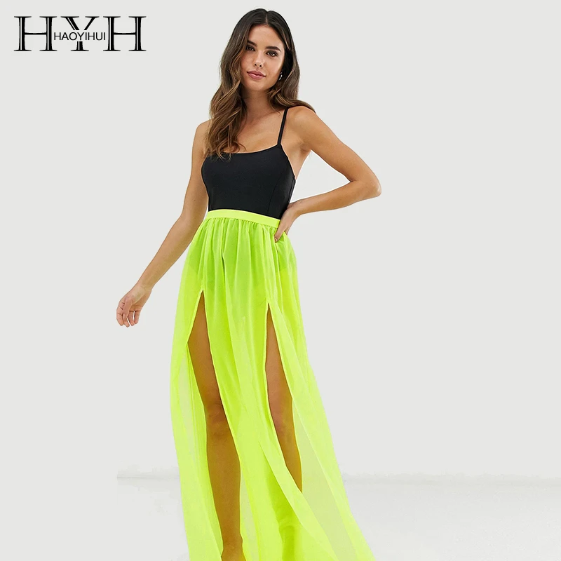 

HYH Haoyihui New Arrival Summer Sexy Fashion High Waist Draping High Front Fork Beach Style Long Solid Color Straight Long Skirt