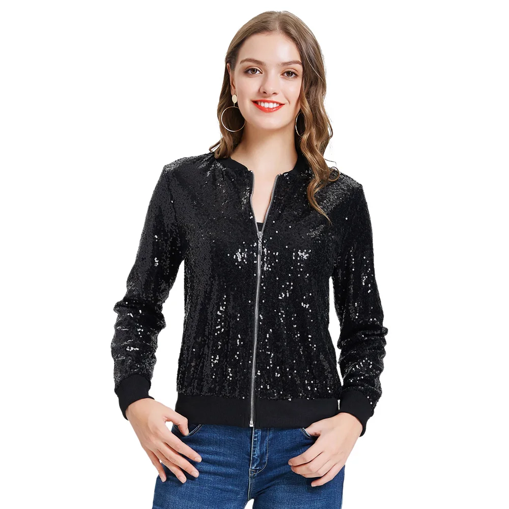 

Women bomber jacket clothes casual cool Sparkling Sequins Baseball Jacket Coat Long Sleeve Stand Collar Zip-up tops autumn lady