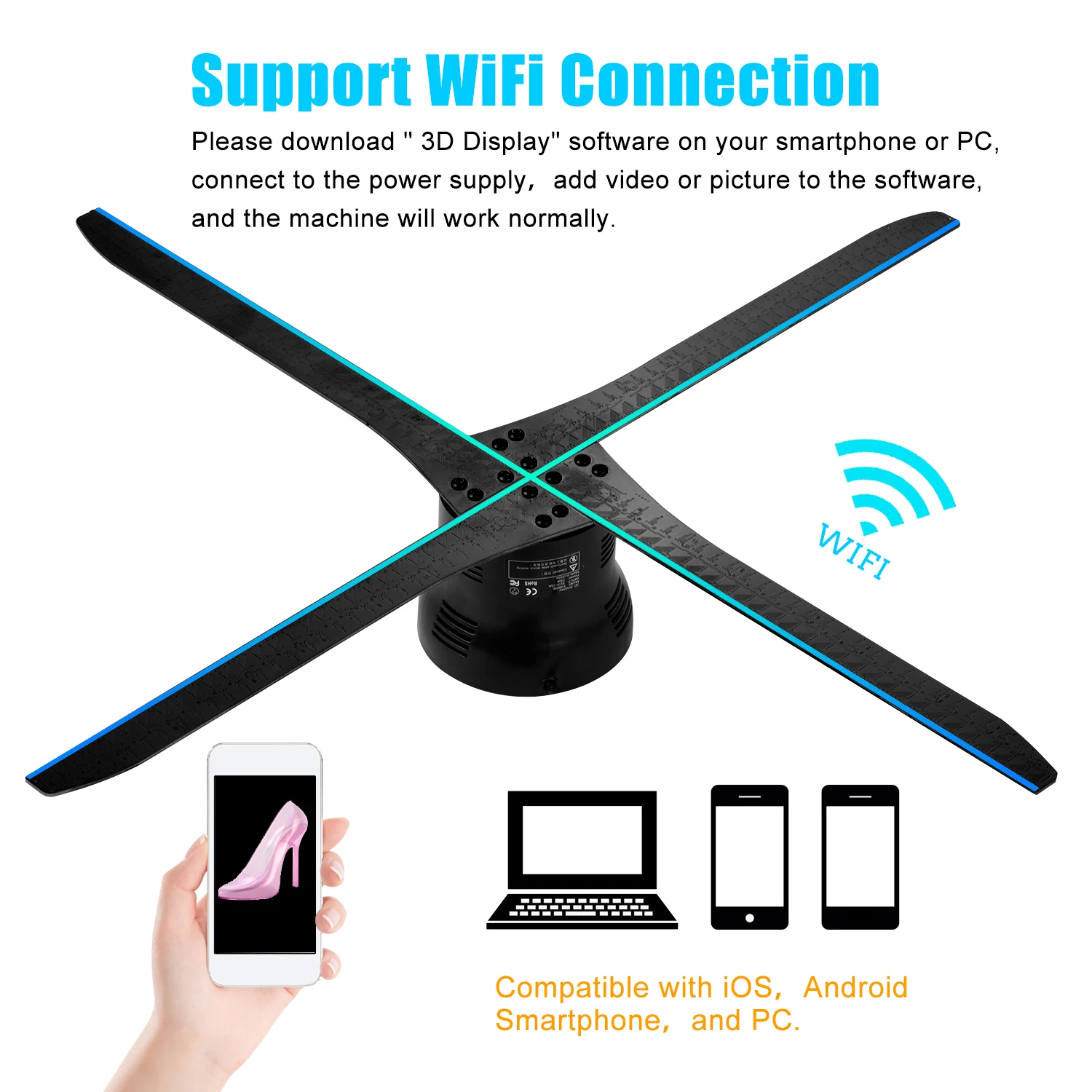 3D голограмма проектор вентилятор светильник WiFi приложение Управление светодиодный голограмма рекламный дисплей четыре оси дизайн с 672 шт. светодиодный бисер