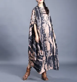 

2020 Spring National Style Retro Women's Three Quarter Bat Sleeve Loose Dresses Mandarin Collar Vintage Irregular Robe Dresses