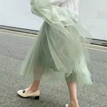 Весенний, осенний, зимний светильник, Зеленая мята, длинная сетчатая юбка, английский консервативный стиль, высокая уличная винтажная эластичная талия, базовые юбки