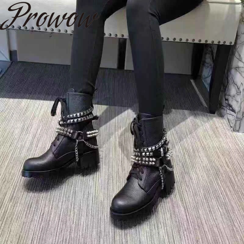 

Prowow New Black Genuine Leather Round Toe Metal Studded Punk Boots Metal Chain Low Heel Autumn Winter Women Boots Shoes Women