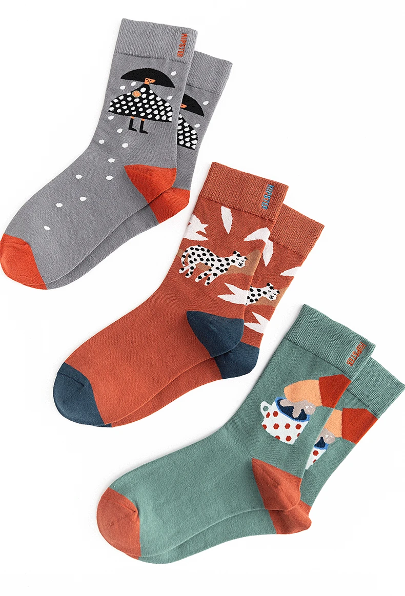 Носки с художественной иллюстрацией для женщин, хлопковые носки для отдыха, уличного скейтборда, носки с зонтиком для девочек, леопардовые носки для пары, модные Q1663