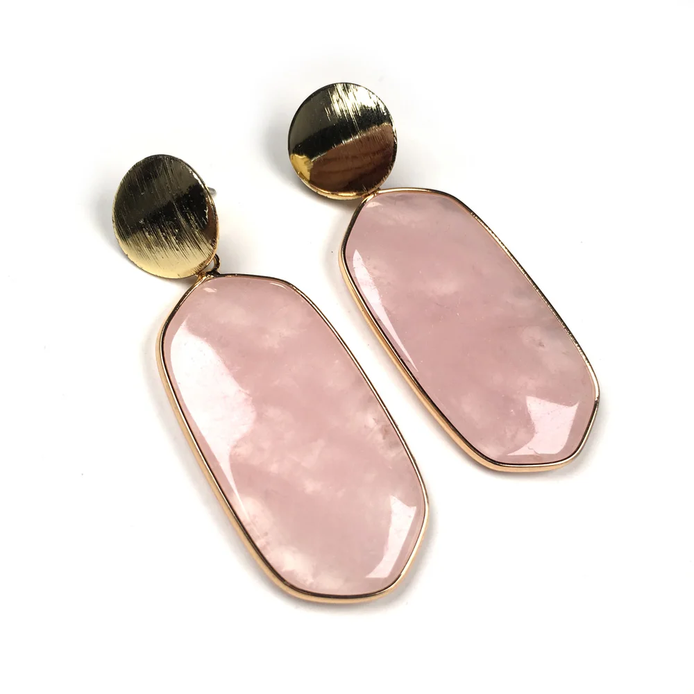 

2019 wholesale New Women Earrings Stud Jewelry Multicolor Handmade Nature Stone long rectangle rose quartzs Stones Earring