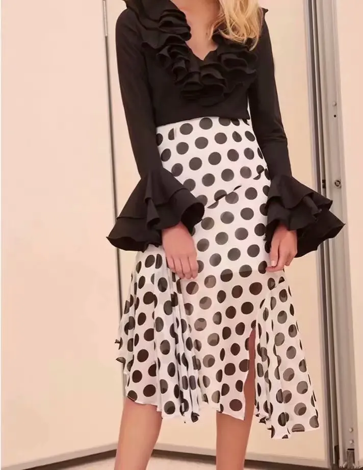 

New High Waist Skirt Australia Non-mainstream A- line Skirt Black And White with Pattern Slim Fit Slimming Women's Autumn Mid-le