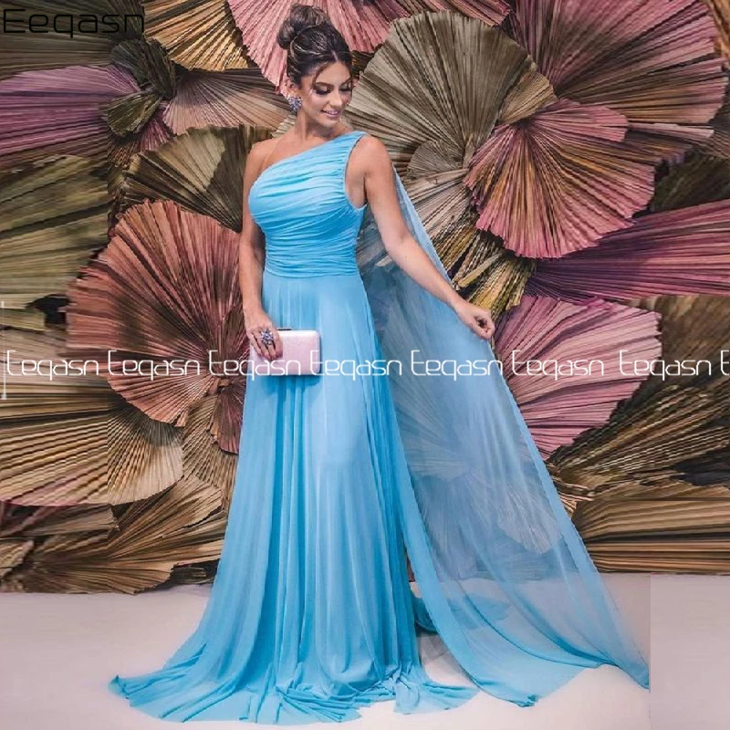 2024 Sky Blue Chiffon Evening Dresses Long One Shoulder Chiffon Simple Prom Gowns with Streamer Mother Formal Dress images - 6