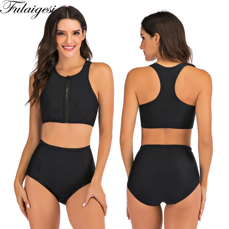 2020 Sport Black Sexy High Neck Bikini Swimwear Women Zipper Swim Bathing Suits Beach Boxer Swimsuits New Maillot De Bain Femme Bikini Set Aliexpress