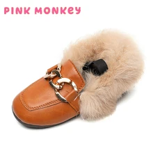 

Flat Shoes Girls 2021 Fashion Winter Warm Toddler Shoes Kids Children's Rabbit plush Fur Princess Square Head Leather Shoe Girl