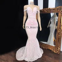 Блестящее розовое кружевное платье с пайетками для выпускного вечера, платье с открытыми плечами, длинное платье русалки в африканском стиле, платье для выпускного вечера, вечернее платье, Vestido de festa