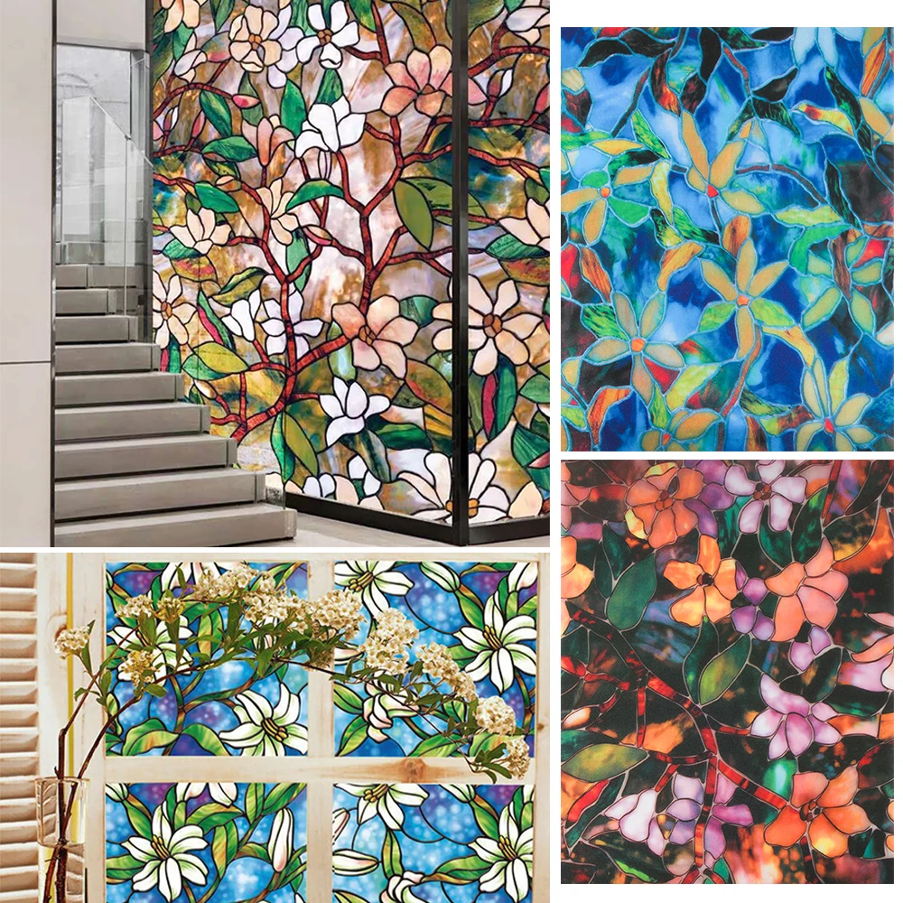 Lily 3D Static Cling Frosted Floral Stained Glass Window Film No Glue Decoration 