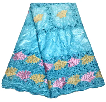 

2020 Newest style blue African bazin riche fabric with brode Latest fashion embroidery bazin lace fabric with net lace 5 yards