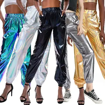 

NEW Fashion Women Metallic Shiny Jogger Pant Casual High Waist Holographic Color Trouser