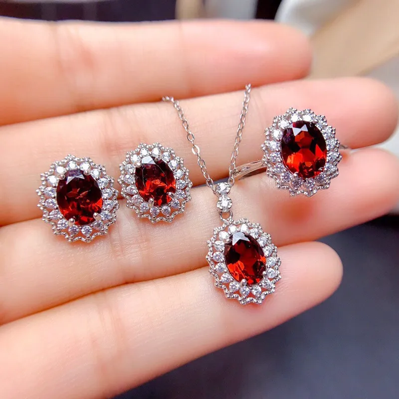 

925 Sterling Silver Jewelry Set Ruby Ring Pendant Necklaces Stud Earrings for Women Wedding Engagement Party Fine Jewelry Sets