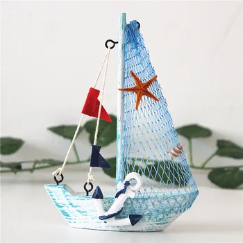 

15cm Mediterranean Style Marine Nautical Wooden Blue Sailing Boat Ship Wood Crafts Ornaments Party Room Home Decoration