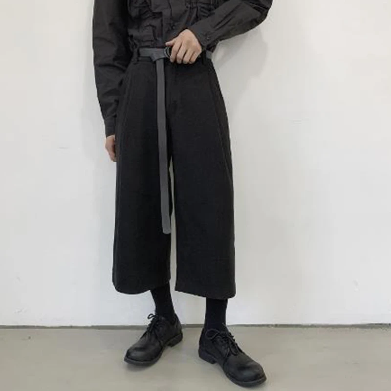 

Men Black Loose Casual Woolen Wide Leg Pants with Belt Male Japan Streetwear Hip Hop Gothic Straight Harem Trouser Kimono Pant