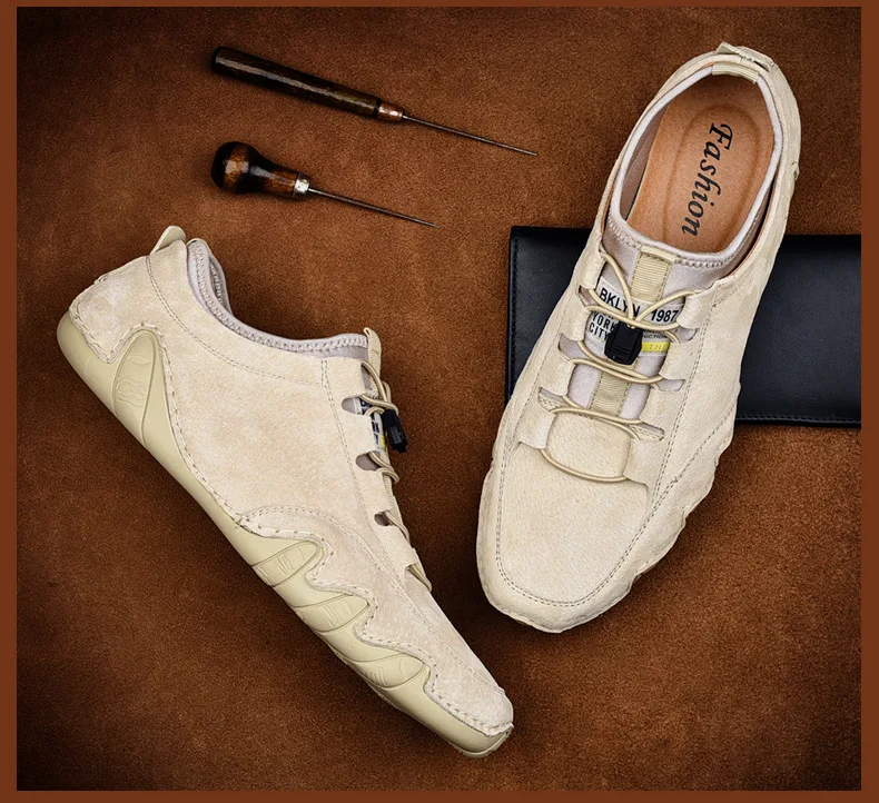 Zapatillas de piel de cuero vacuno para hombre, mocasines, zapatos a la