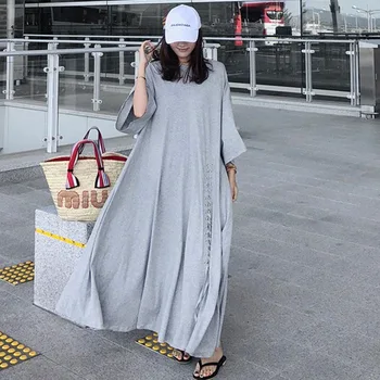 

LANMREM spring Summer new oversize tee style long dress female loose large size knotted hem korean trendy dress all-match YJ192