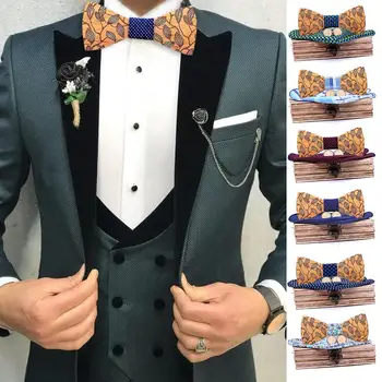 

Manual Wooden Bow Tie Handkerchief Set Men's Bowtie Wood Hollow Carved And Box