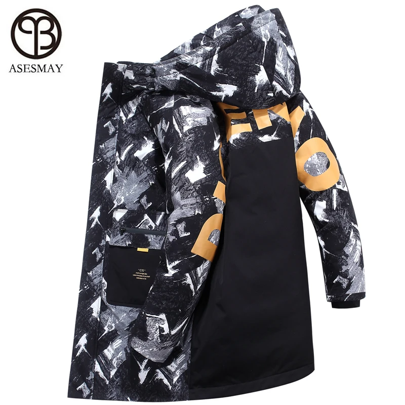 

Asesmay 2019 men down jacket men's winter coat thick warm long parka hooded camouflage print wellensteyn goose feather outerwear